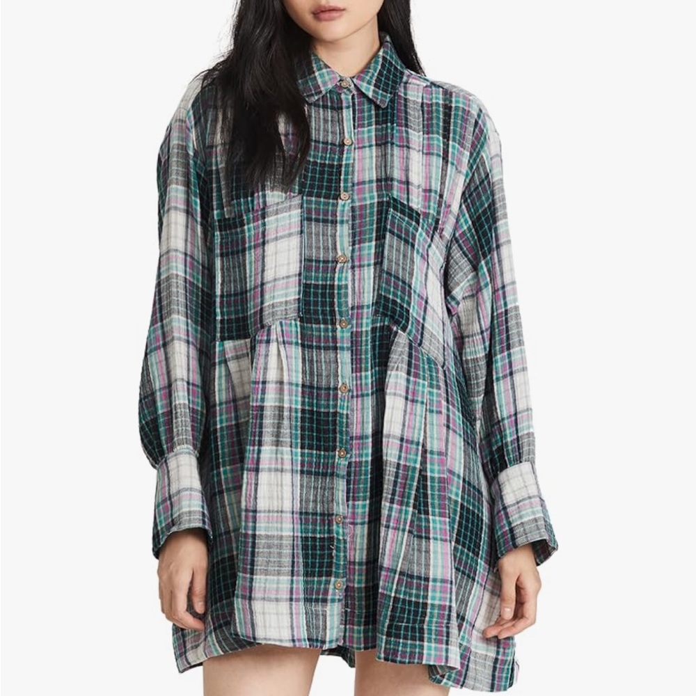 Free People voyage shirtdress M twilight combo plaid mini gauze shirt dress fall
